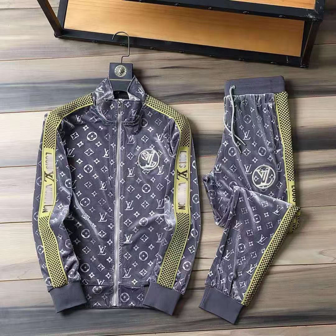 V Grey Embroidered Velvet Suit LXYMC23021505