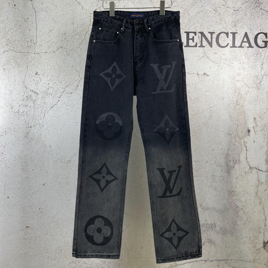 Fashion Casual Printed Black Grey Straight Denim Suit 1025031104