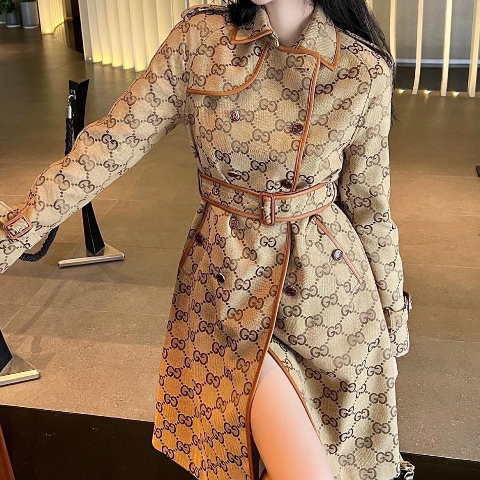 Autumn and winter new jacquard and leather edge trench coat double-breasted mid-length retro fashionable temperament coat