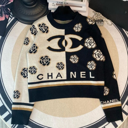 Camellia Small Fragrance Color-block Pullover Sweater Women's Design Sense Elegant op-PD05202312201