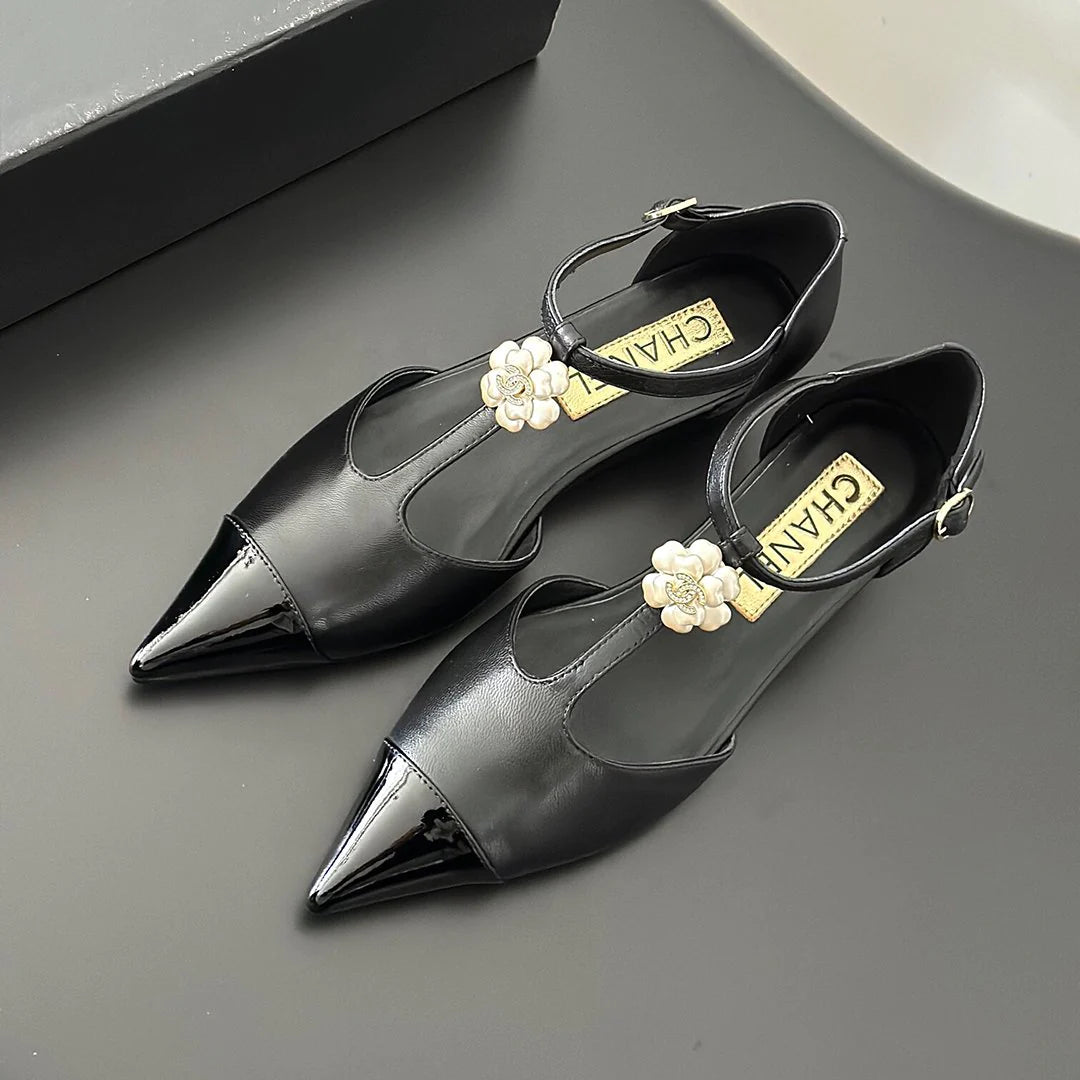 New fashionable leather pointed toe camellia wedge shoes 1024022203