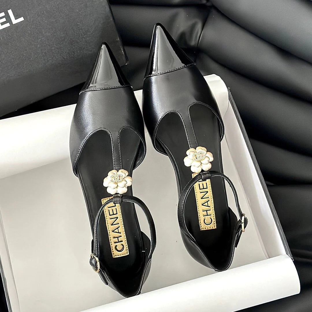 New fashionable leather pointed toe camellia wedge shoes 1024022203