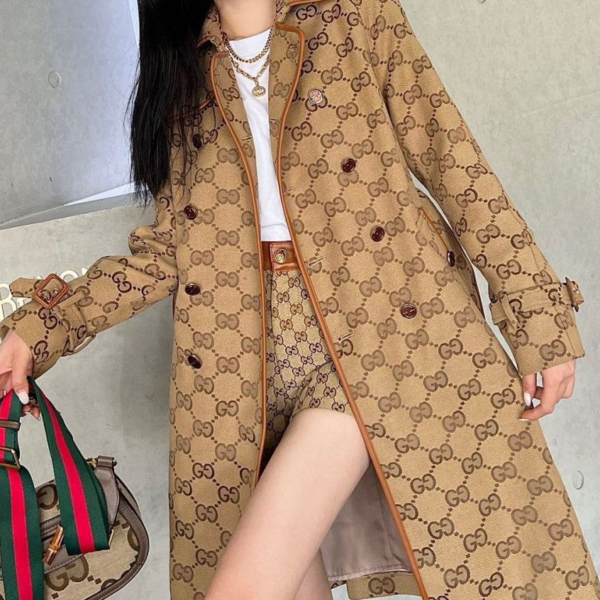 Autumn and winter new jacquard and leather edge trench coat double-breasted mid-length retro fashionable temperament coat