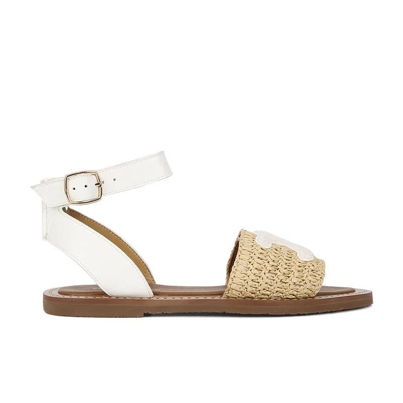 New Fashion Embroidered Hemp Cross Strap Leather Flat Sandals 1024041208