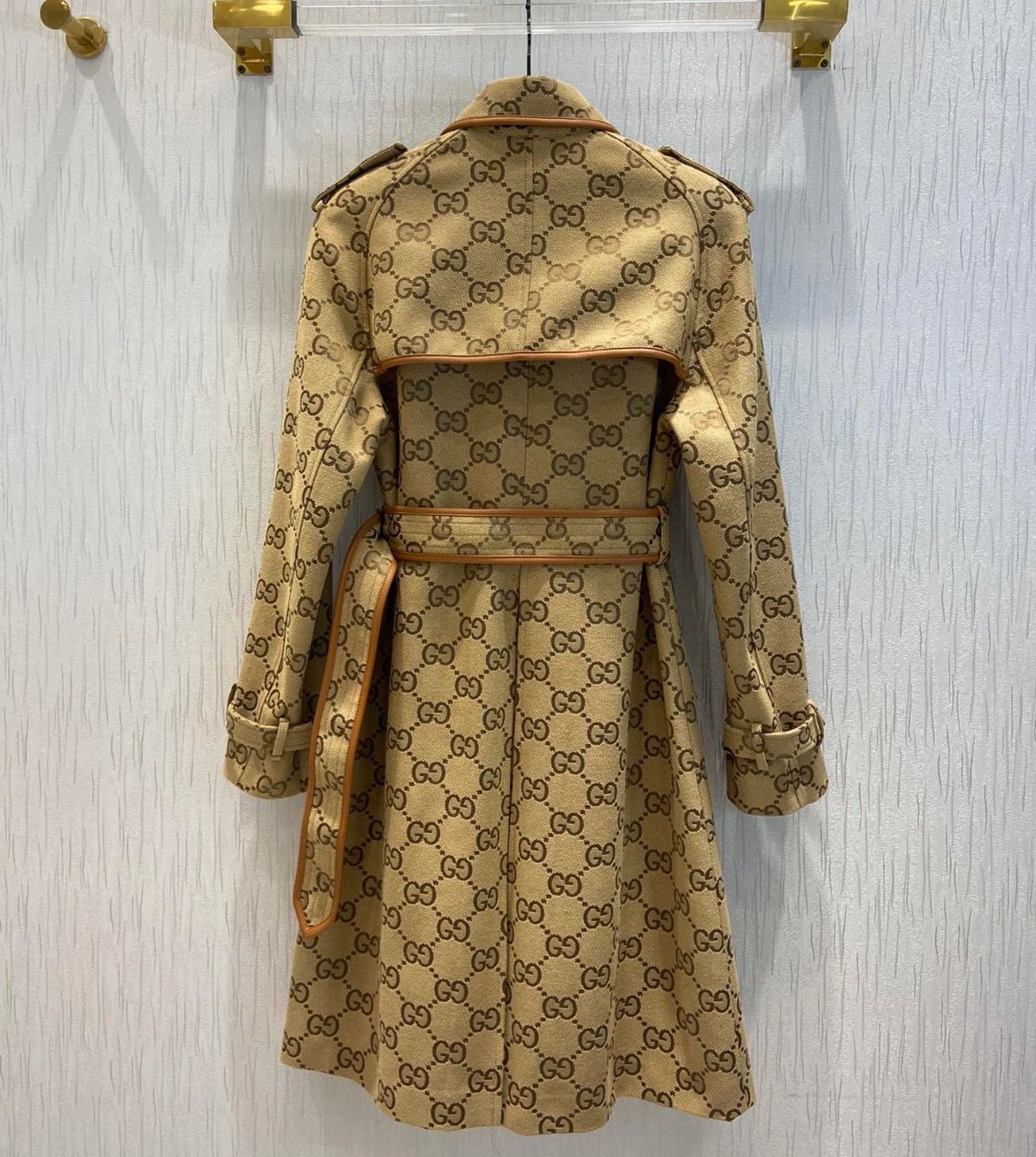 Autumn and winter new jacquard and leather edge trench coat double-breasted mid-length retro fashionable temperament coat