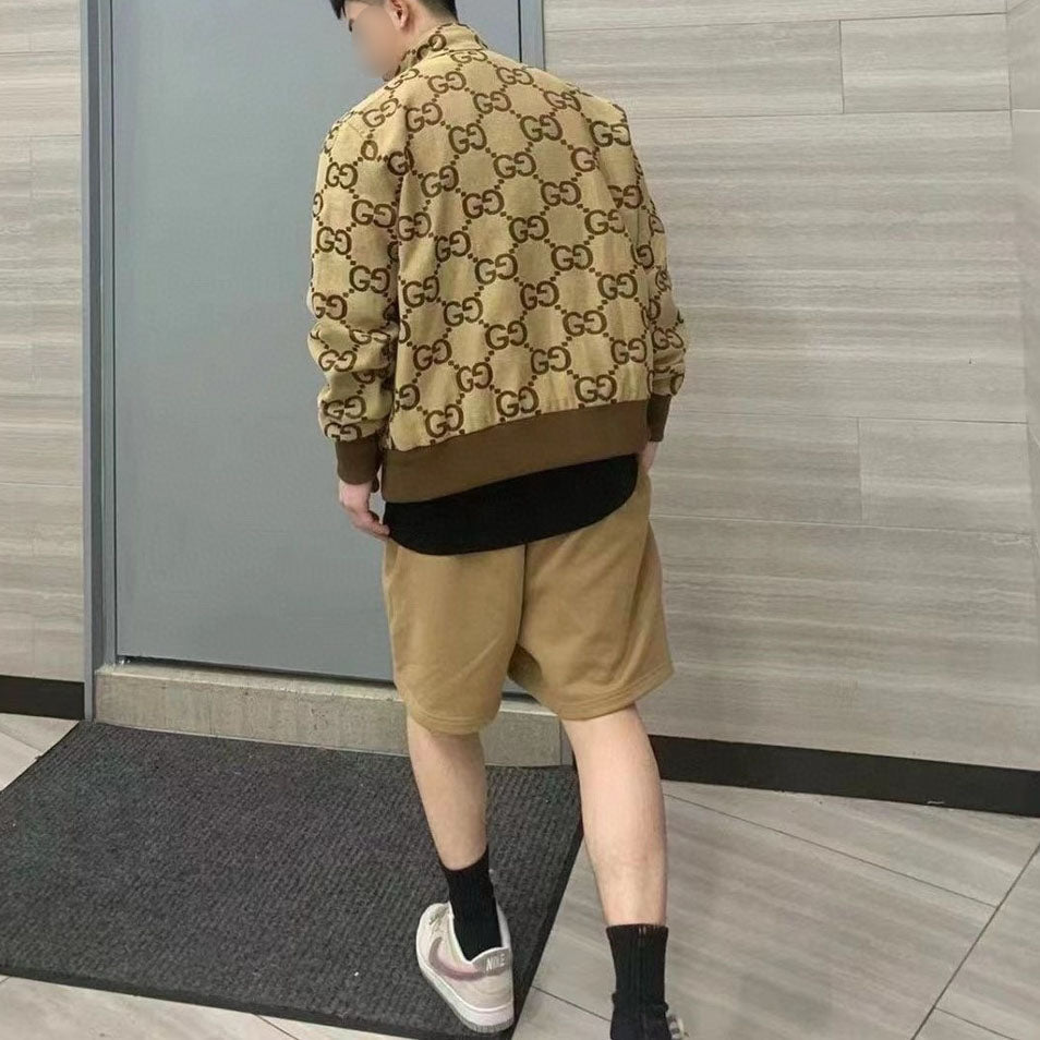 Casual brown letter-printed coat fashion collar zipper design