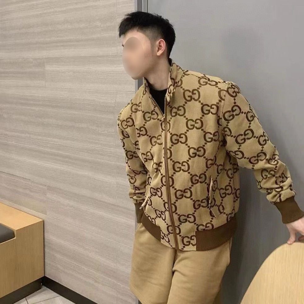 Casual brown letter-printed coat fashion collar zipper design