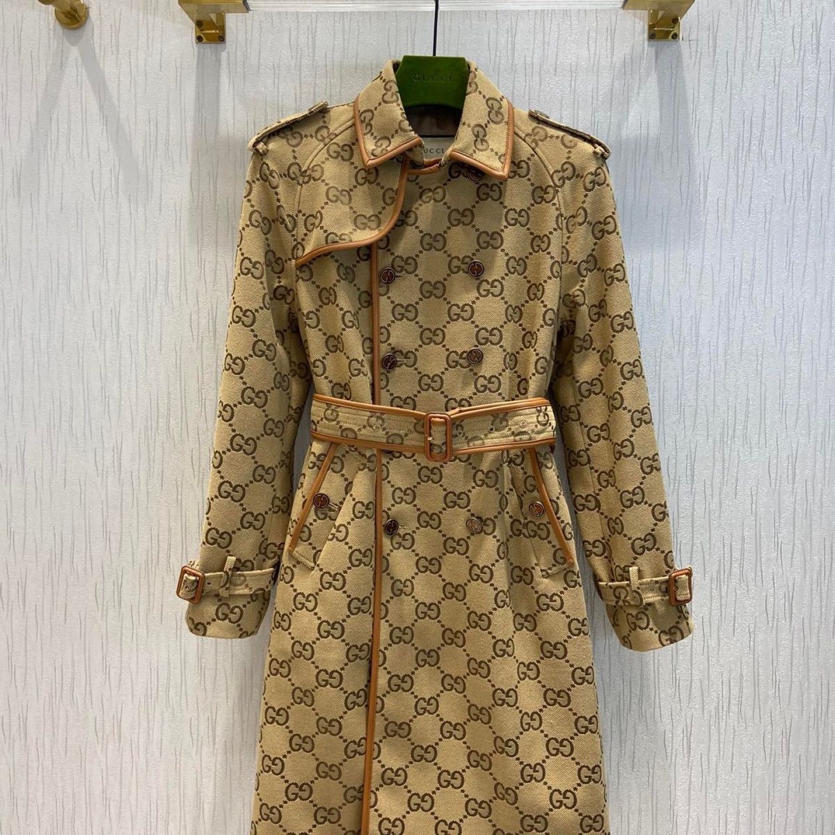 Autumn and winter new jacquard and leather edge trench coat double-breasted mid-length retro fashionable temperament coat