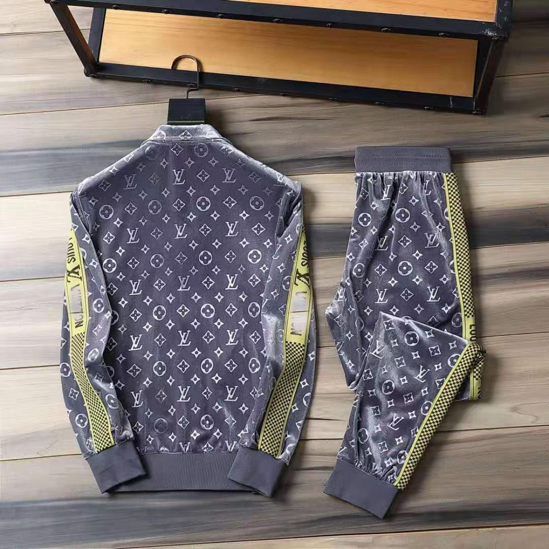 V Grey Embroidered Velvet Suit LXYMC23021505