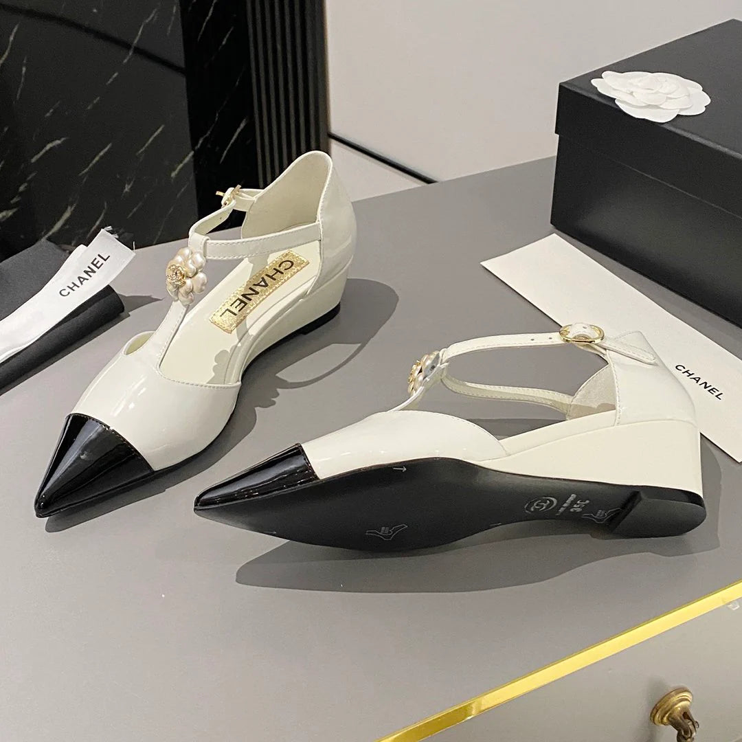New fashionable patent leather pointed toe camellia wedge shoes 1024022204