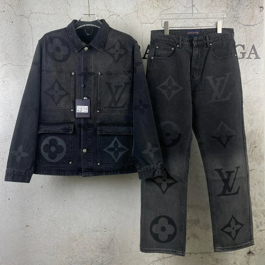 Fashion Casual Printed Black Grey Straight Denim Suit 1025031104