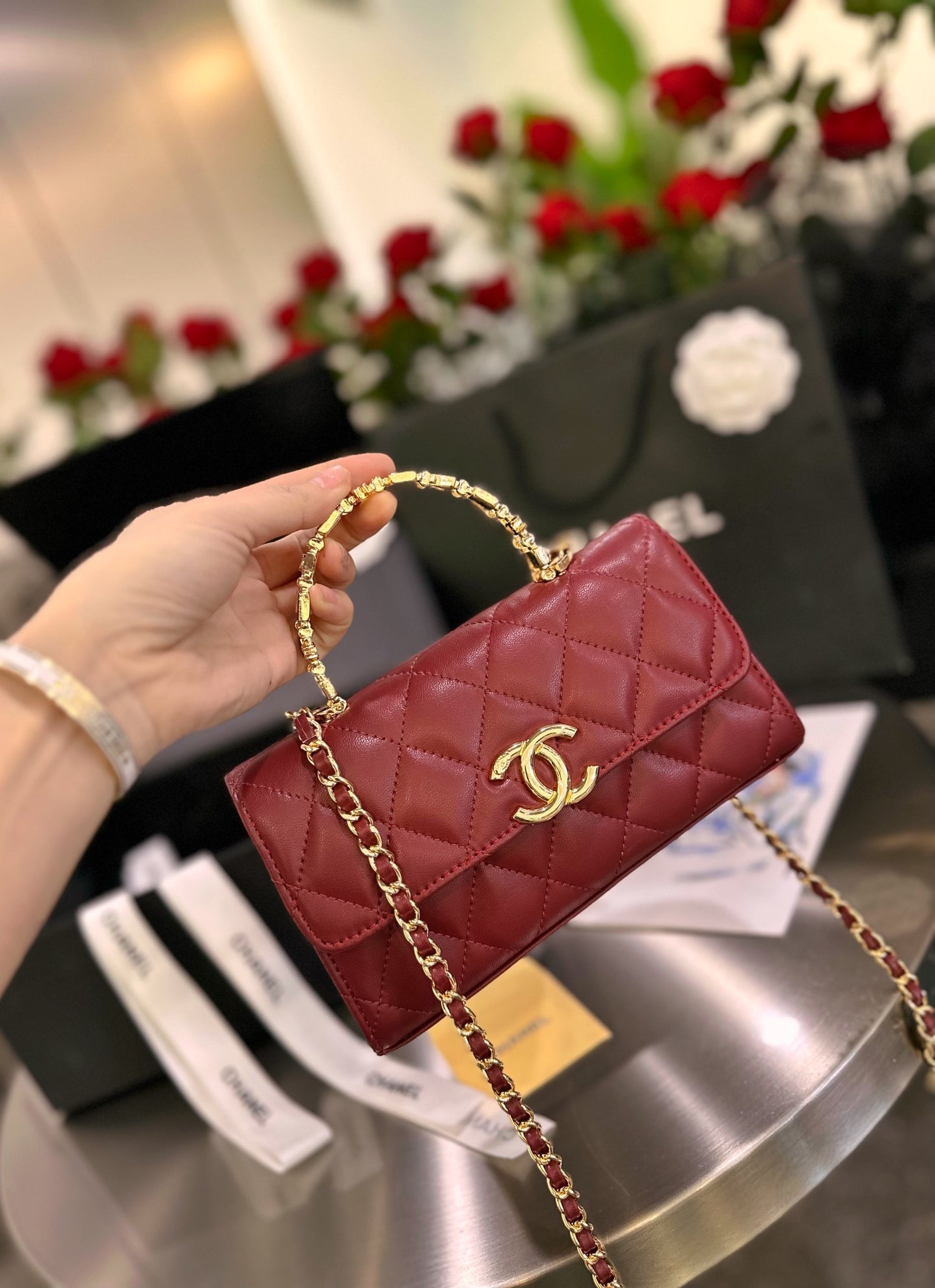 CNL Diamond check wine red chain bag 0724100102