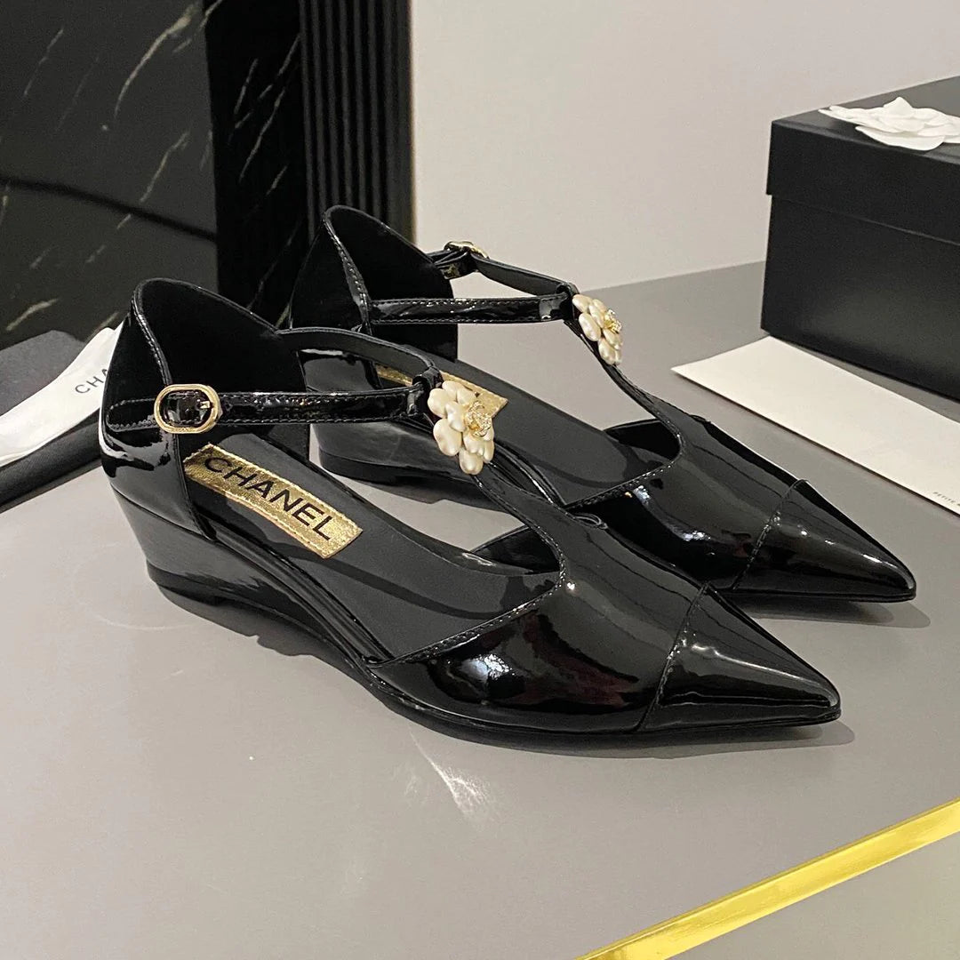 New fashionable patent leather pointed toe camellia wedge shoes 1024022204